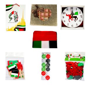 UAE National Day Celebration Combo – Table Clock, Printed Balloon, Flag Toothpicks, 60x90cm Flag, Color Light Box, Gift Bags (6pcs), Chocolate Boxes (2pcs)
